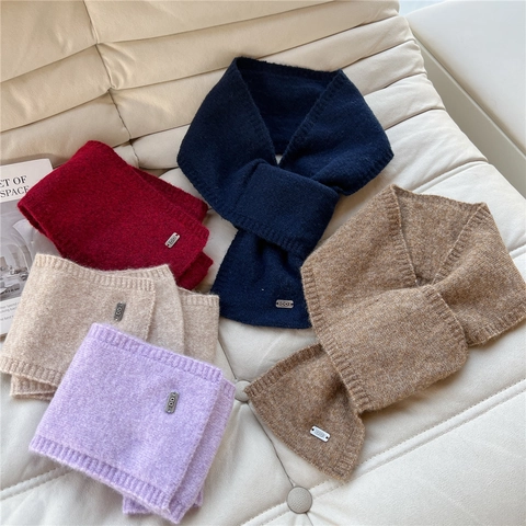 Solid Color Knitted Cross Neck Warmer Winter Warm Scarf With Metal Decoration For Women Korean Style Chic