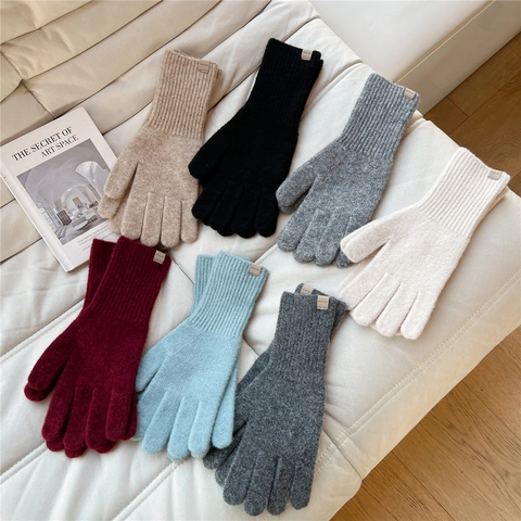 Winter Knit Full Finger Gloves Women Warm Thick Wool Blend Ribbed Cuff Solid Color Outdoor Minimalist Style