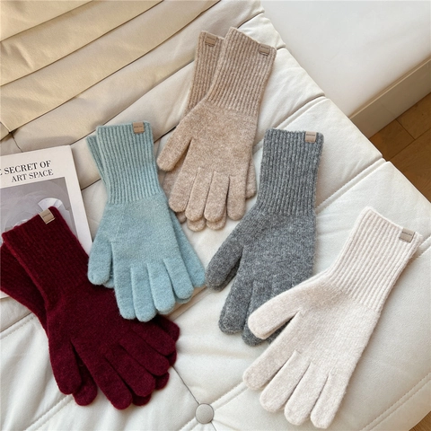 Winter Knit Full Finger Gloves Women Warm Thick Wool Blend Ribbed Cuff Solid Color Outdoor Minimalist Style