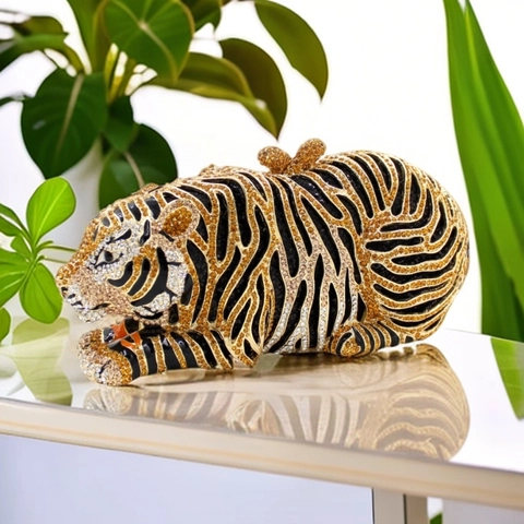 Borsa Da Sera Forma Tigre Metallo Cavo Strass Cristallo Pochette Per Festa Matrimonio Con Catena