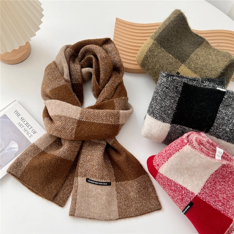 Sciarpa Invernale Maglia Plaid Quadri Spessa Calda Morbida Etichetta Decorativa Scialle Lungo Wrap Vintage Stile Coreano Per Donne