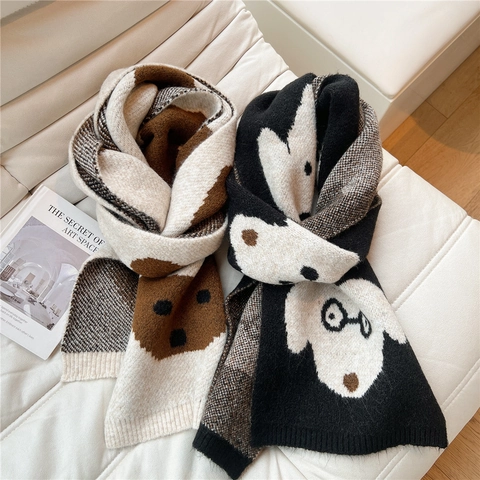 Sciarpa In Maglia Invernale Calda Spessa Motivo Cane Orso Cartone Animato Stile Giapponese Kawaii Per Donne