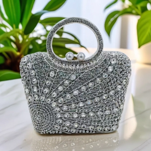 Luxury Rhinestone Evening Clutch Bag For Women Metal Frame Fan Pattern Crystal Handbag With Round Handle Artificial Pearl Clasp