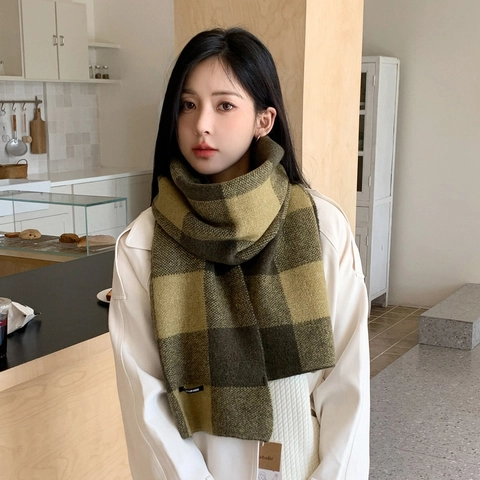 Sciarpa Invernale Maglia Plaid Quadri Spessa Calda Morbida Etichetta Decorativa Scialle Lungo Wrap Vintage Stile Coreano Per Donne