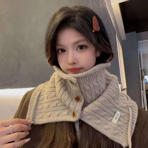 Bufanda Calentador De Cuello De Punto Trenzado Para Mujeres Invierno Cálido Térmico Con Botones De Madera Y Cordón Ajustable