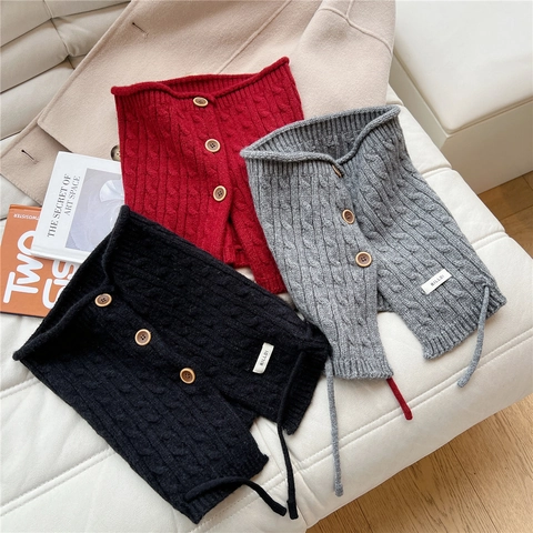 Bufanda Calentador De Cuello De Punto Trenzado Para Mujeres Invierno Cálido Térmico Con Botones De Madera Y Cordón Ajustable