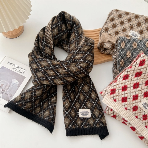Argyle Strickschal Verdickt Warm Winter Halstuch Vintage Preppy Style Für Damen