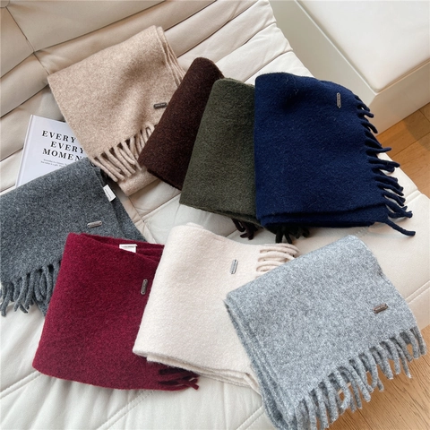 Solid Color Tassel Knitted Scarf For Women Soft Thick Warm Winter Neck Warmer Korean Japanese Style With Metal Label