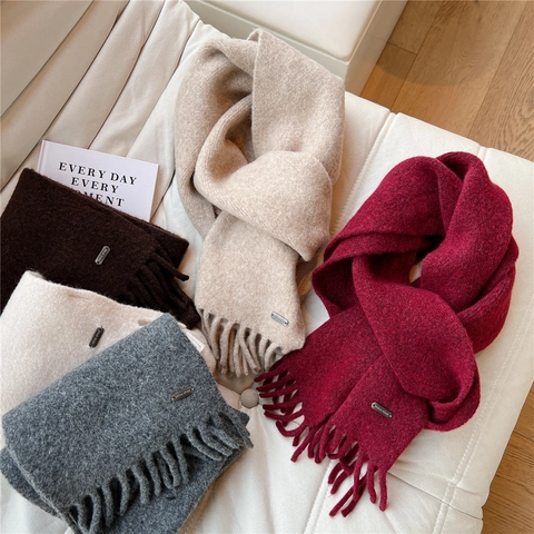 Solid Color Tassel Knitted Scarf For Women Soft Thick Warm Winter Neck Warmer Korean Japanese Style With Metal Label