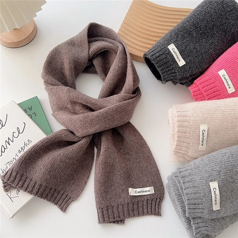 Winter Warm Knitted Scarf Soft Solid Color Ribbed Edge Thick Cashmere Feel Neck Warmer Elegant Pashmina For Women