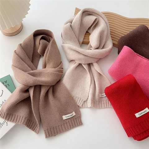 Winter Warm Knitted Scarf Soft Solid Color Ribbed Edge Thick Cashmere Feel Neck Warmer Elegant Pashmina For Women