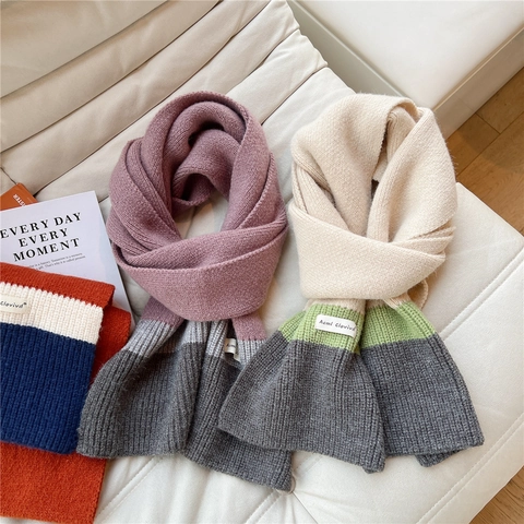 Gebreide Sjaal Winter Warm Kleurenblok Patchwork Geribbeld Dik Nekwarmer Koreaanse Stijl Casual Veelzijdig Zacht