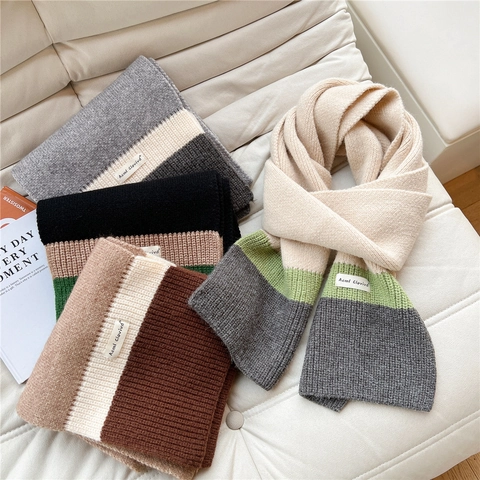 Gebreide Sjaal Winter Warm Kleurenblok Patchwork Geribbeld Dik Nekwarmer Koreaanse Stijl Casual Veelzijdig Zacht