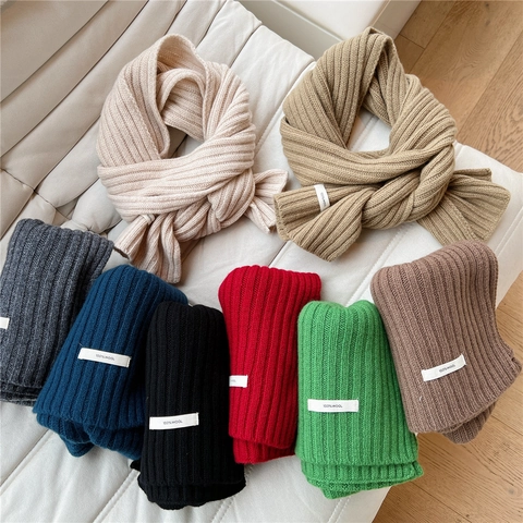 Pure Wool Scarf Knitted Ribbed Thick Warm Solid Color Winter Wrap Soft Comfortable For Women Outdoor Elegant