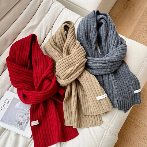 Pure Wool Scarf Knitted Ribbed Thick Warm Solid Color Winter Wrap Soft Comfortable For Women Outdoor Elegant