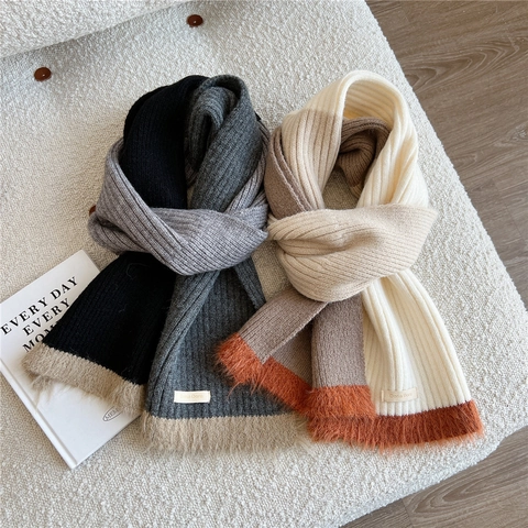 Knitted Scarf Three-Color Blocked Warm Winter Neck Wrap With Faux Fur Trim Thick Fashion Versatile Korean Style Women Men