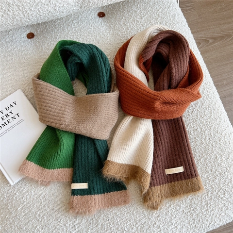 Knitted Scarf Three-Color Blocked Warm Winter Neck Wrap With Faux Fur Trim Thick Fashion Versatile Korean Style Women Men