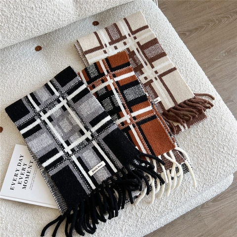 Winter Schal Kariertes Muster Weicher Strick Dick Warm Thermal Langer Halswickel Mit Fransen Klassisch Elegant Outdoor
