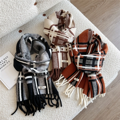 Winter Schal Kariertes Muster Weicher Strick Dick Warm Thermal Langer Halswickel Mit Fransen Klassisch Elegant Outdoor