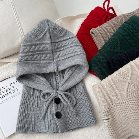 Passamontagna Donna Cappello Sciarpa Maglia Integrata Trecce Caldo Inverno Scaldacollo Bottoni Coulisse Novità