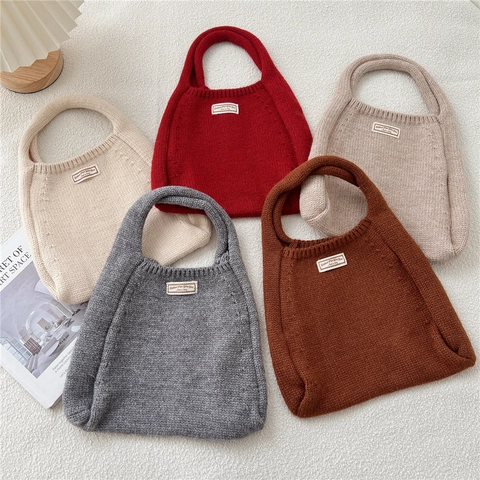 Solid Color Knitted Handbag Soft Knit Tote Bag For Daily Commuting Casual Japanese Style Ins Fashion