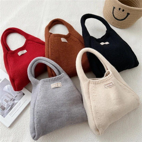 Solid Color Knitted Handbag Soft Knit Tote Bag For Daily Commuting Casual Japanese Style Ins Fashion