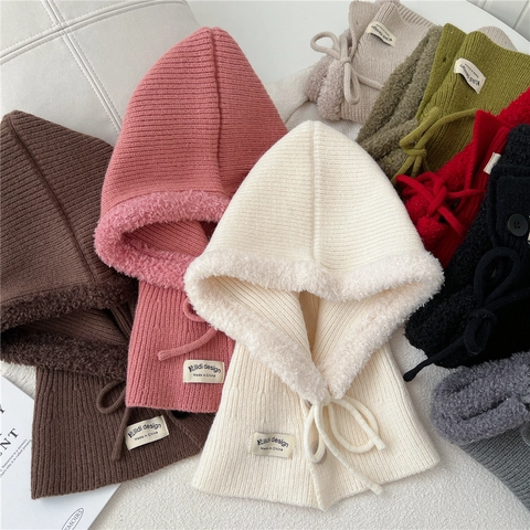Balaclava Bufanda Con Capucha De Punto Mujer Cálida Resistente Al Viento Forro De Piel Sintética Color Sólido Cuello Invierno