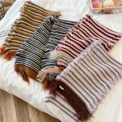 Winter Knitted Scarf Colorful Striped Warm Soft Thick Long Tassel Fringed Retro Neck Wrap For Women