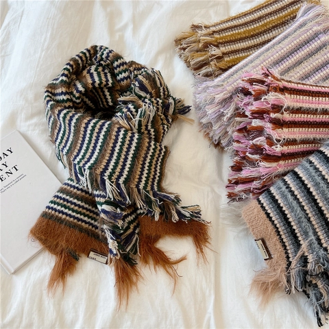 Winter Knitted Scarf Colorful Striped Warm Soft Thick Long Tassel Fringed Retro Neck Wrap For Women