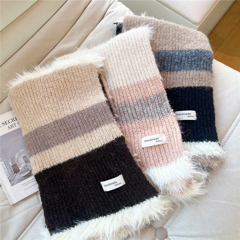 Sciarpa In Maglia A Righe Con Bordo In Pelliccia Sintetica Inverno Caldo Patchwork Scaldacollo In Peluche Per Donna E Uomo