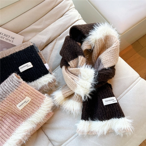 Sciarpa In Maglia A Righe Con Bordo In Pelliccia Sintetica Inverno Caldo Patchwork Scaldacollo In Peluche Per Donna E Uomo