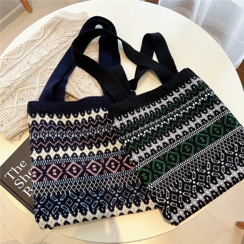 Strick Tote Bag Vintage Geometrisches Muster Große Kapazität Gewebte Schulter Handtasche Für Damen Retro Boho Stil