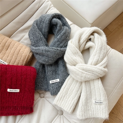 Winter Long Scarf Knitted Thick Warm Solid Color Ribbed Fuzzy Mohair Texture Unisex Minimalist Soft Neck Wrap