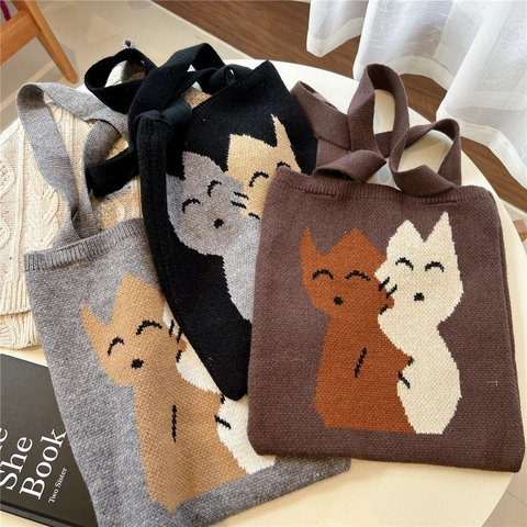 Borsa Tote In Maglia Con Motivo Gatto Cartone Animato Borsa A Spalla Kawaii Grande Capacità Per Donna Uso Quotidiano Scuola