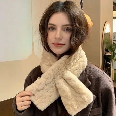 Winter Neck Warmer Faux Fur Scarf Women Thick Plush Cross Wrap Cable Knit Soft Thermal Neck Protector Elegant