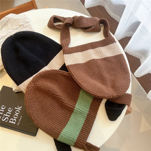 Borsa A Secchiello In Maglia A Righe Da Donna Con Tracolla Annodata Grande Capacità Stile Artigianale In Lana Morbida