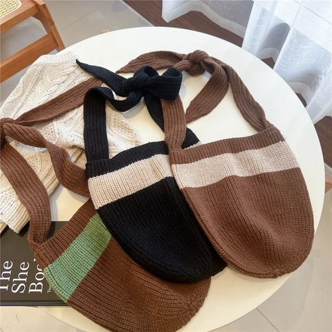Borsa A Secchiello In Maglia A Righe Da Donna Con Tracolla Annodata Grande Capacità Stile Artigianale In Lana Morbida