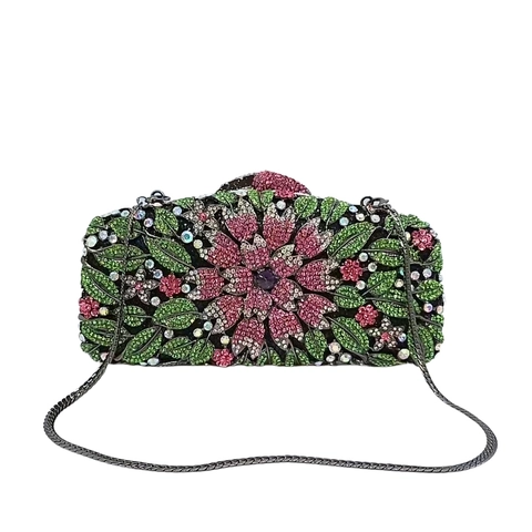 Borsa Da Sera Floreale In Cristallo Donna Pochette Con Fiori In Strass Per Matrimonio Banchetto Catena In Metallo Guscio Rigido