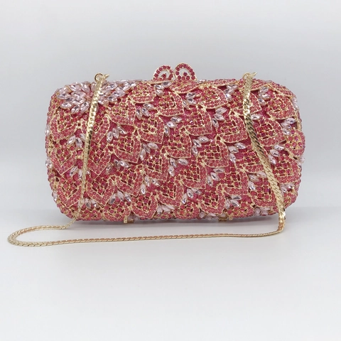 Evening Clutch Bag Rhinestone Crystal Hollow Out Metal Hard Shell Purse With Chain Strap For Women Wedding Party