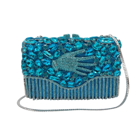 Pochette Da Sera Con Strass Blu Cristallo Traforato Design Palma Borsa In Lega Con Catena Rimovibile Per Donne