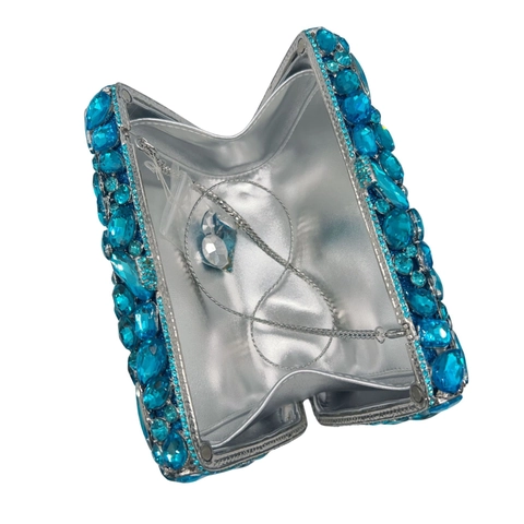 Pochette Da Sera Con Strass Blu Cristallo Traforato Design Palma Borsa In Lega Con Catena Rimovibile Per Donne