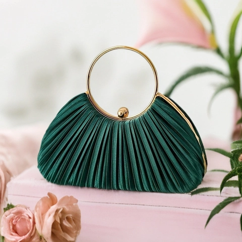 Pleated Satin Evening Bag Round Metal Handle Elegant Wedding Party Handheld Shoulder Clutch For Women