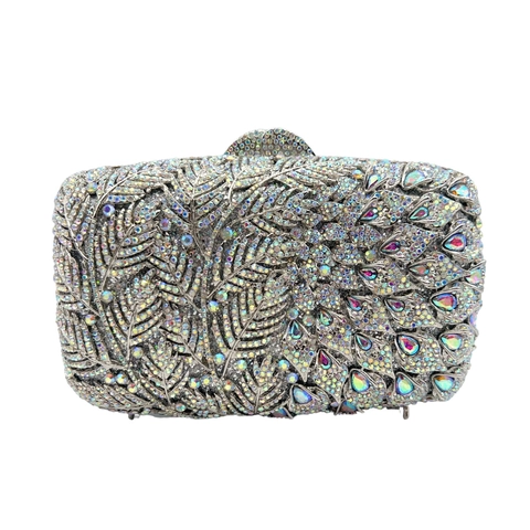 Bolso De Noche De Cristal Aleación Diamantes De Imitación Patrón Hojas De Pavo Real Rígido Bolso De Mano Fiesta Boda Con Catena