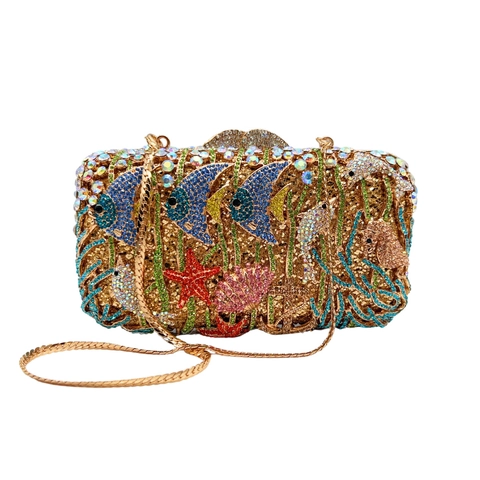 Pochette De Soirée Strass Monde Marin Ajouré Alliage Cristal Coque Rigide Thème Océan Sac À Main De Fête Formel Cadeau Pour Femmes Élégant