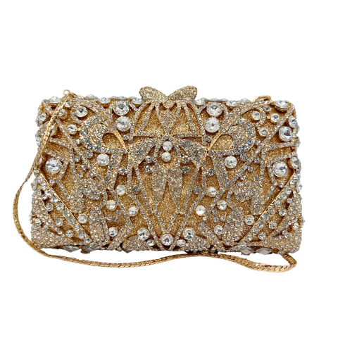 Rhinestone Evening Clutch Bag Alloy Hollow Out Bowknot Clasp With Chain Strap For Women Wedding Banquet Party