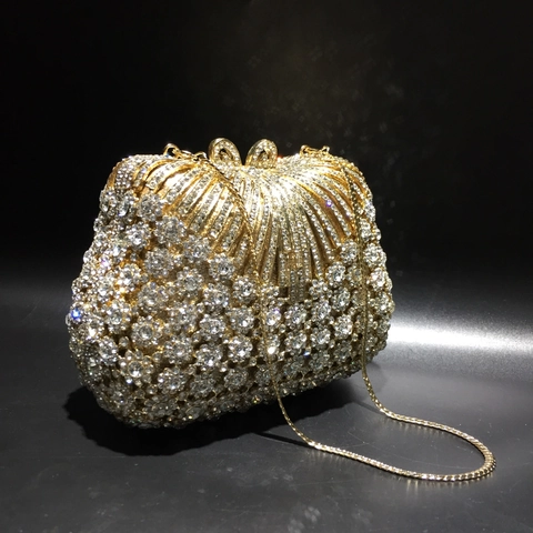Bolso De Noche Clutch Diamantes De Imitación Metal Hueco Patrón Concha Cierre Lazo Lujo Boda Fiesta Con Cadena