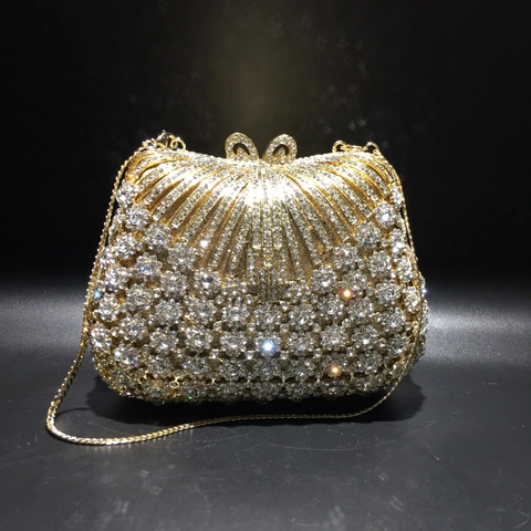 Bolso De Noche Clutch Diamantes De Imitación Metal Hueco Patrón Concha Cierre Lazo Lujo Boda Fiesta Con Cadena