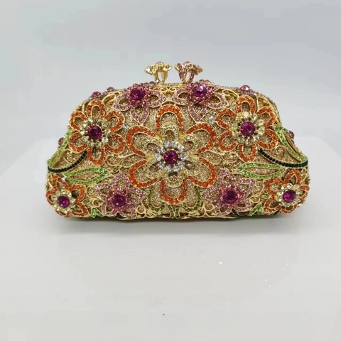 Bolso de Noche de Lujo para Mujer con Strass Floral Clutch de Metal Calado Flor para Banquete Boda Fiesta