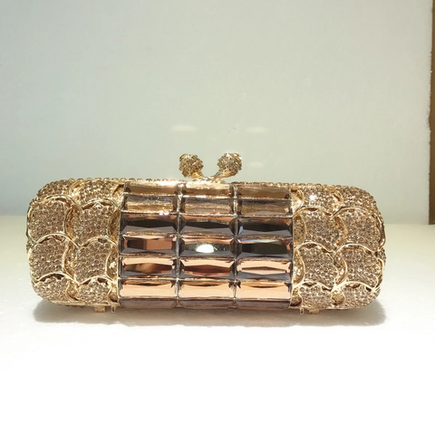 Sac De Soirée De Luxe Pochette Avec Strass Or Champagne Et Cristal Ambre Cadre Métallique Chaîne Amovible Pour Mariage