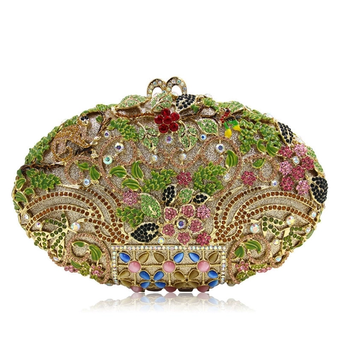 Luxury Rhinestone Evening Bag Alloy Hollow Multi Color Floral Enamel Hard Shell Clutch For Women Wedding Party With Chain